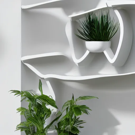 Image similar to white zen clean modern minimalist bookshelf with cute plants by peter tarka in an ivory room well contoured smooth fair walls, up close shot, sharp focus, zen, clean, modern minimalist, zaha hadid octane highly render, 4 k, ultra hd,