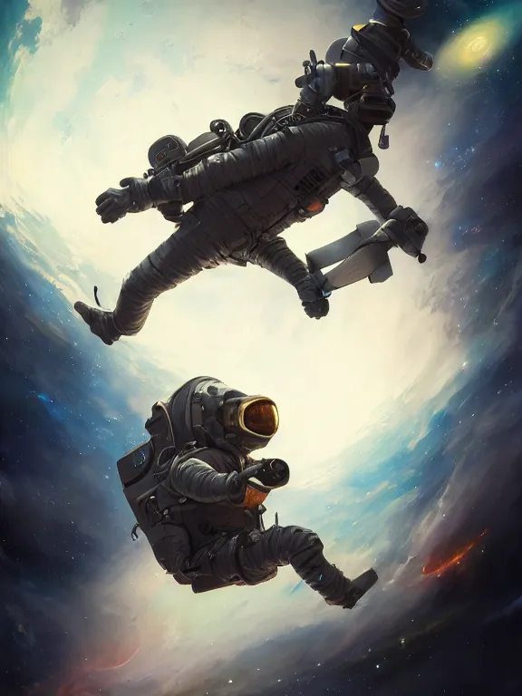 Image similar to photo of 8k ultra realistic astronaut floating in space, dark, stars, full of colour, cinematic lighting, battered, trending on artstation, 4k, hyperrealistic, focused, extreme details,unreal engine 5, cinematic, masterpiece, art by Peter Mohrbacher