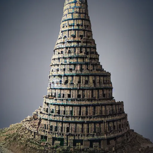 Image similar to award winning photography of tower of babel reaching up to heaven made from cellphones, 40mm lens, shallow depth of field, split lighting