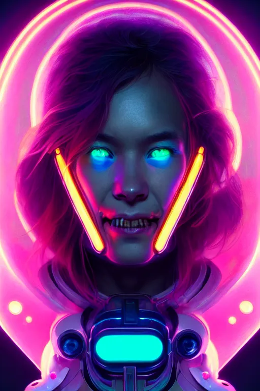 Image similar to portrait of a cute smiling bioluminescent creature, cyberpunk, dark retrowave, highly detailed, asymmetrical artwork, cinematic, hyperrealism, art stanley lau and artgerm and magali villeneuve and alphonse mucha, artstation, octane render, unreal engine, 8 k, aperture f 1. 2