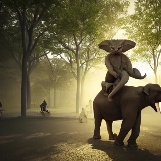 Image similar to a hyperrealistic photograph 3D octane render of a large cat riding on an elephant in central park new york, trending on artstation, 4K, dramatic lighting, glowing, volumetric lighting, ray tracing, unreal engine