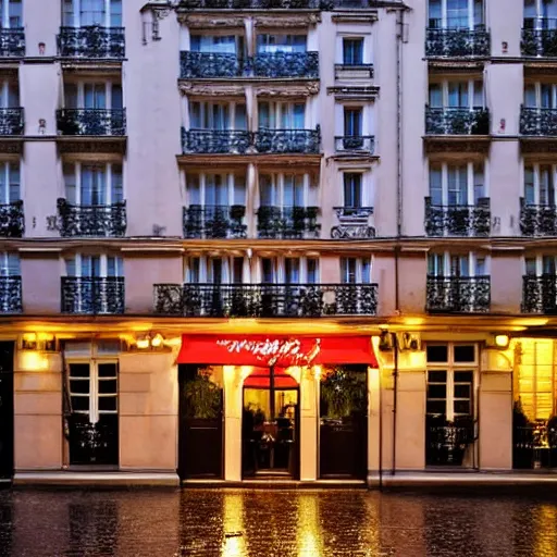 Prompt: Photo of a traditional Parisian hotel during a rainy night, Paris