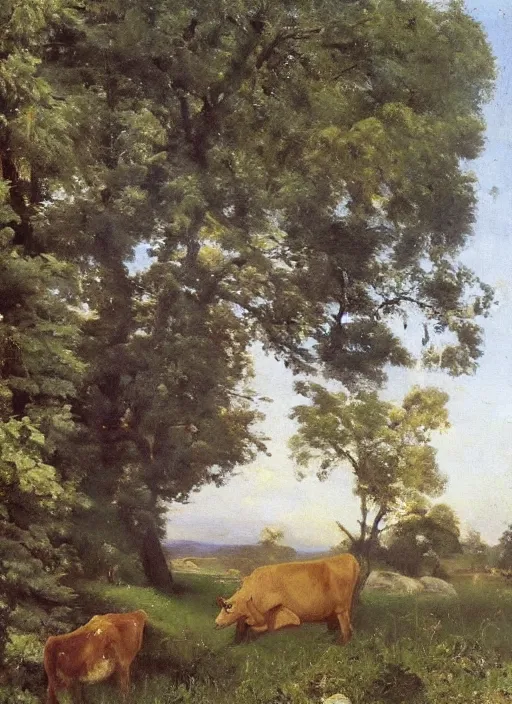 Prompt: artwork painting of a lush environment, a cow is grazing by eugene von guerard, ivan shishkin, john singer sargent