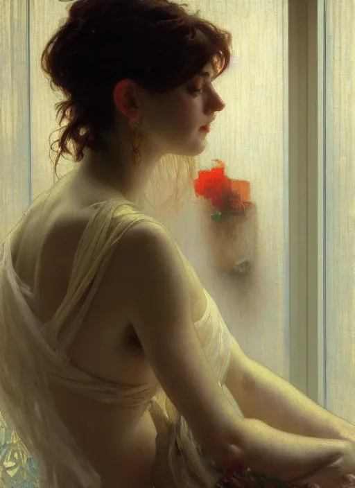 Prompt: a portrait of beautiful woman, inside a modern apartment, detailed oil painting, misty, ethereal, soft lighting, 8 k, by ruan jia and alphonse mucha