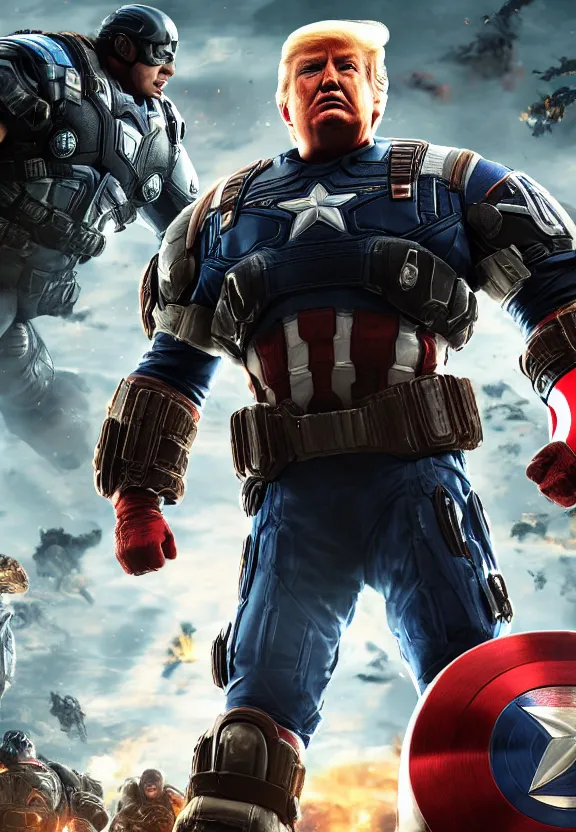 Image similar to Portrait of Donald Trump as captain america in Gears of War, splash art, movie still, cinematic lighting, dramatic, octane render, long lens, shallow depth of field, bokeh, anamorphic lens flare, 8k, hyper detailed, 35mm film grain