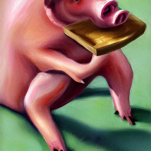 Image similar to a pig eating a rasher of bacon. detailed, realistic, digital painting,