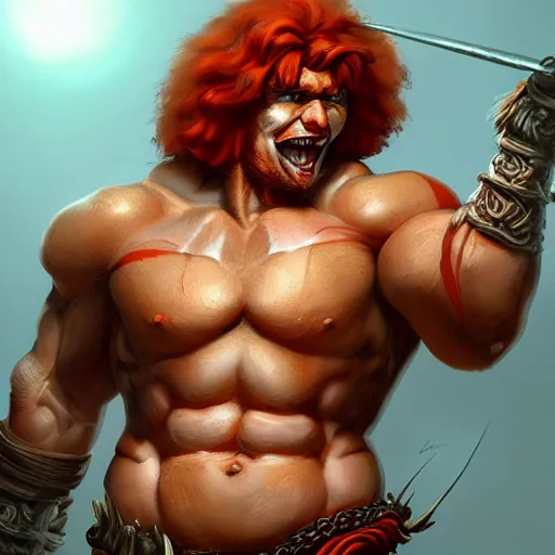 Prompt: portrait of a barbarian ronald mcdonald, muscular, wild, upper body, D&D, fantasy, intricate, cinematic lighting, highly detailed, digital painting, artstation, concept art, smooth, sharp focus, illustration, art by Hajime Sorayama