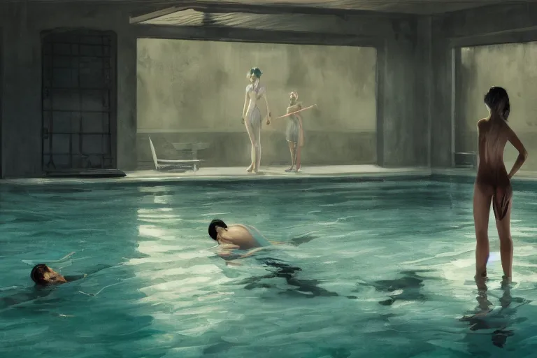 Prompt: blooming at a swimming pool, dark mood, John Singer Sargant, by Bastien Lecouffe-Deharme, James Jean, Edward Hopper, trending on artstation, Peter Doig, 4k, 8k, HD