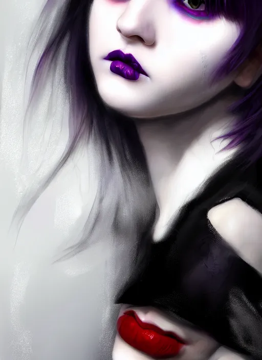 Image similar to portrait of white teenage girl, normal face, white bangs, mall goth, cyberlox, black and white hair, bangs, fluffy bangs, red contact lenses, purple lipstick, intricate, elegant, highly detailed, digital painting, artstation, concept art, sharp focus, smooth, illustration, art by wlop, mars ravelo and greg rutkowski