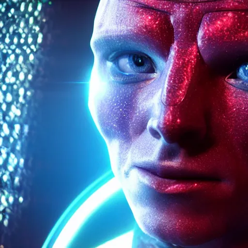 Image similar to a beautiful athletic male god alien with holographic skin, blockbuster movie still, cinematic, beautiful, 8 k