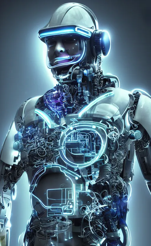 Image similar to a beautiful photo of a middle - aged bionic male cyborg, cyberpunk, intricate wiring, electronic components, color diodes, vr helmet, volumetric light, photography, dynamic lighting, color, intricate, extremely detailed, photorealistic, stunning, unreal engine 5