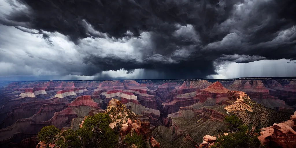 Prompt: dramatic film still of a cathedral by denis villeneuve, vultures, gothic architecture, top of the grand canyon, red rock strata, 24mm angle, studio ghibli and eddie mendoza, atmospheric, stormy, dramatic skies, moody, dark, cinematic, volumetric lighting, 8K