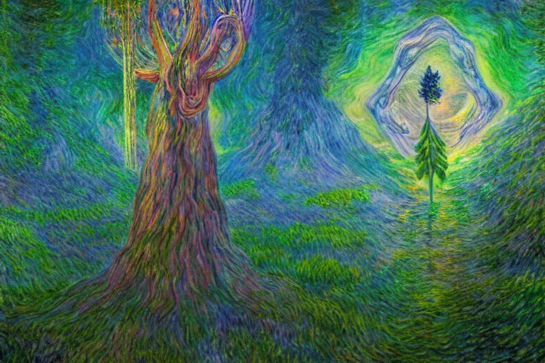 Image similar to photorealistic 🌲🌌 by pedro correa, monet, android jones, alex grey, chris dyer, and aaron brooks