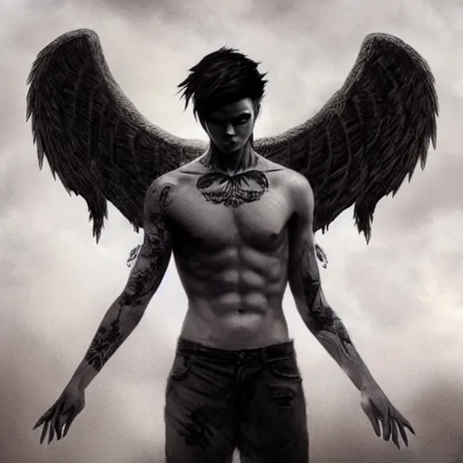 Prompt: beautiful androgynous fallen angel with tattoos on his body falling through the sky, intricate, hd, high detailed, 4 k, art by greg rutkowski