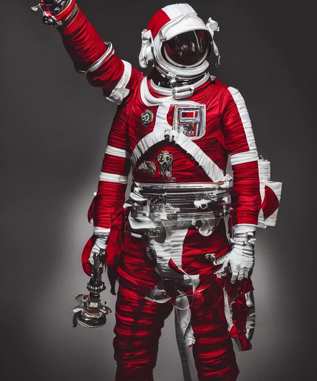 Image similar to photography of red and white space suits designed for knights templar, tubings, helmet with intricate design, golden linings, photo shoot, by annie leibovitz, sigma 85mm 1.4, glows, sharp, high contrast, octane render