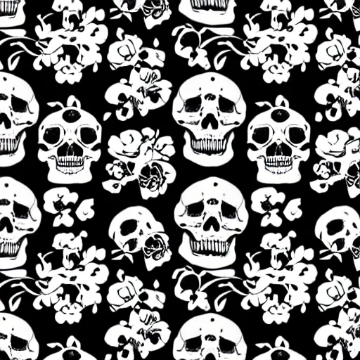 Prompt: flowers and skulls black and white detailed pattern