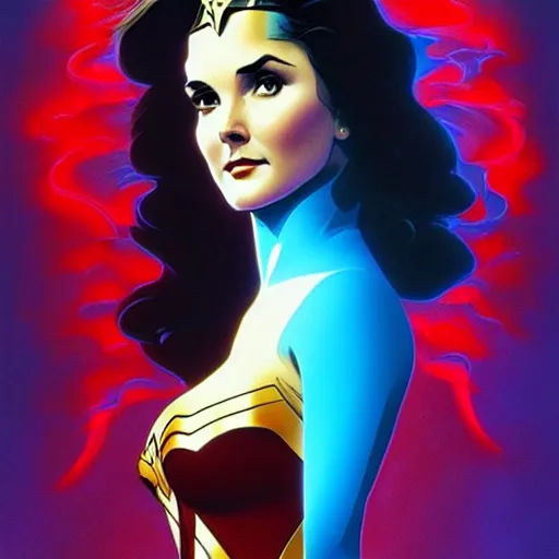 Image similar to a young lynda carter as wonder woman, volumetric lights, red and cyan theme, art nouveau botanicals, intricate, highly detailed, digital painting, artstation, concept art, smooth, sharp focus, cinematic, illustration, beautiful face, art by artgerm and greg rutkowski and alphonse mucha