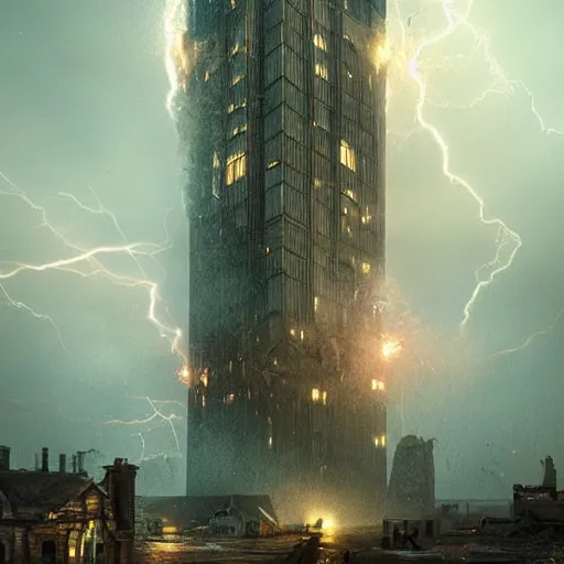 Image similar to a destroyed 1 9 0 0 city with a big tower in the middle covered in mist, lightning bolts hitting and exploding the buildings, 4 k, by michal karcz