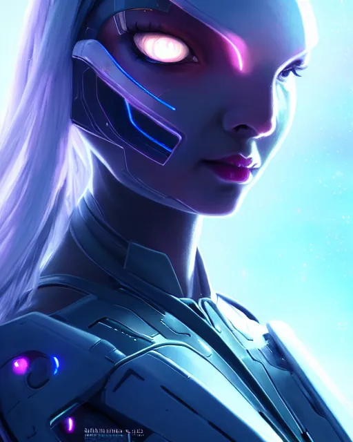 Image similar to perfect android girl on a mothership, warframe armor, beautiful face, scifi, futuristic, galaxy, nebula, bae suzy, dreamy, long white hair, blue cyborg eyes, sharp focus, cinematic lighting, highly detailed, artstation, divine, by gauthier leblanc, kazuya takahashi, huifeng huang