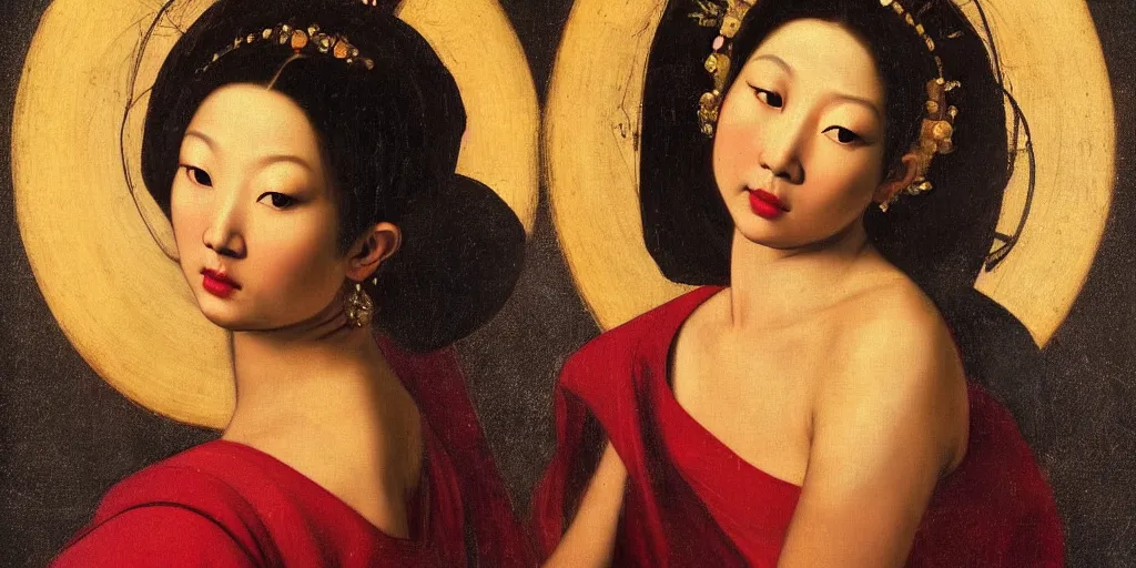 Prompt: a portrait of a very beautiful goddess with halo behind her head, seductively looking in front, Asian beautiful aesthetic face, in the style of Caravaggio and Vermeer, realistic, dramatic lighting