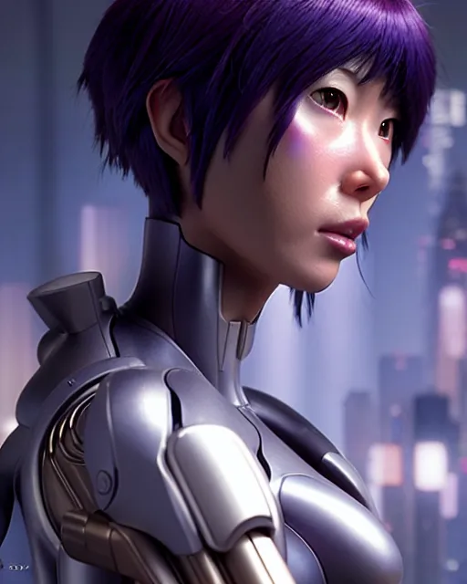 Image similar to weta disney pixar movie still portrait photo of motoko kusanagi ghost in the shell : : as cyborg woman by pixar : : by weta, greg rutkowski, wlop, ilya kuvshinov, rossdraws, artgerm, marvel, maxim cover, latex, octane render, sweaty, iridescent, bright morning, anime, liosh, mucha : :