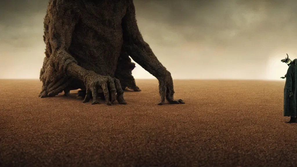 Image similar to the creature that told me when to die, film still from the movie directed by Denis Villeneuve with art direction by Salvador Dalí, wide lens