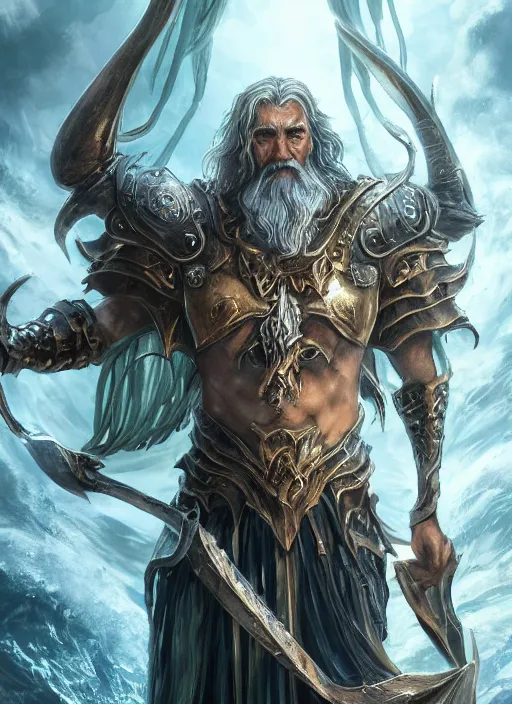 Image similar to poseidon ultra detailed fantasy, elden ring, realistic, dnd character portrait, full body, dnd, rpg, lotr game design fanart by concept art, behance hd, artstation, deviantart, global illumination radiating a glowing aura global illumination ray tracing hdr render in unreal engine 5