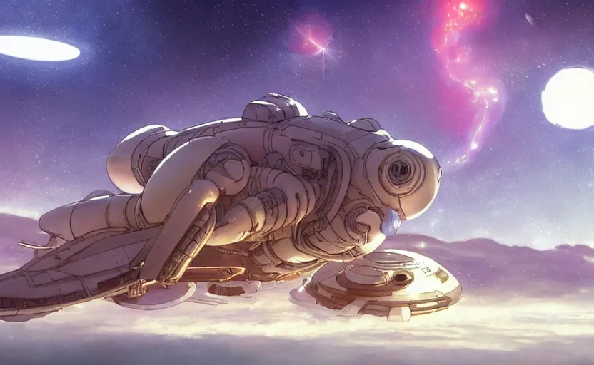 Prompt: alien space cat sleeping on a small fighter spaceship in a spaceport in a star wars inspired studio ghibli animated film, volumetric lighting, octane render by artgerm, greg rutkowski, studio ghibli, thomas kindkade, alphonse mucha, loish, norman rockwel, highly detailed