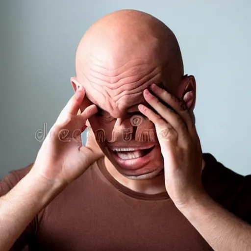 Image similar to crying sad hairless bald man crying at his computer with twitter open in the background, stock photo