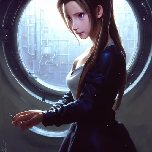 Image similar to Beautiful stunning portrait of Aerith Gainsborough by Greg Rutkowski. Aerith is hiding from a Shinra robot in the Reactor Core by Mark Arian. The Reactor Core is dark and stark and industrial by H.R. Giger. soft render, octane, highly detailed painting by Moebius. artstation Blank Canvas Scene by Tetsuya Nomura.