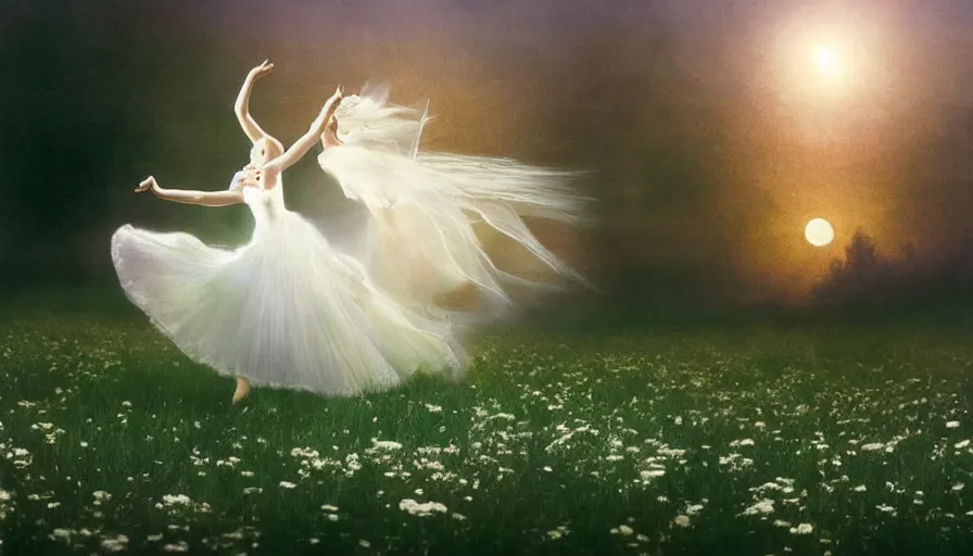 Image similar to dancers in white dancing across a flower meadow the moonlit dance of the fae by wojciech siudmak and ivan aivazovsky, contemporary dancers dancing artistic photography movement photorealistic volumetric cinematic light, award - winning