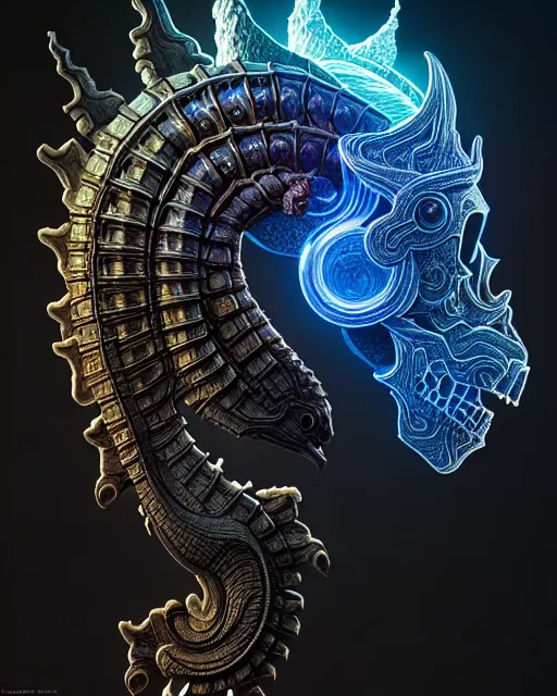 Image similar to 3 d ornate carved dark cosmic horse with profile portrait, sigma 5 0 0 mm f / 5. beautiful intricate highly detailed quetzalcoatl skull. bioluminescent, plasma, lava, ice, water, wind, creature, thunderstorm! artwork by tooth wu and wlop and beeple and greg rutkowski, 8 k trending on artstation