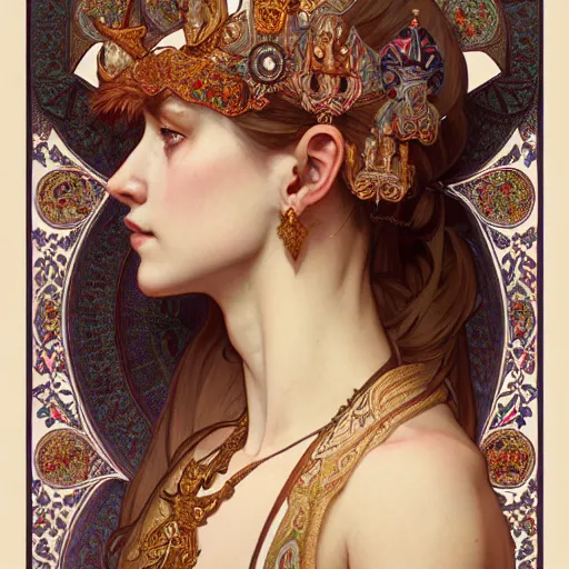 Prompt: a portrait of a female dear hybrid, upper half portrait, decorated with russian motifs, russian shaman, siberia, traditional russia, intricate, elegant, highly detailed, symmetry, headpiece, digital painting, artstation concept art smooth sharp focus, illustration, art by artgerm and greg rutkowski alphonse mucha 8 k