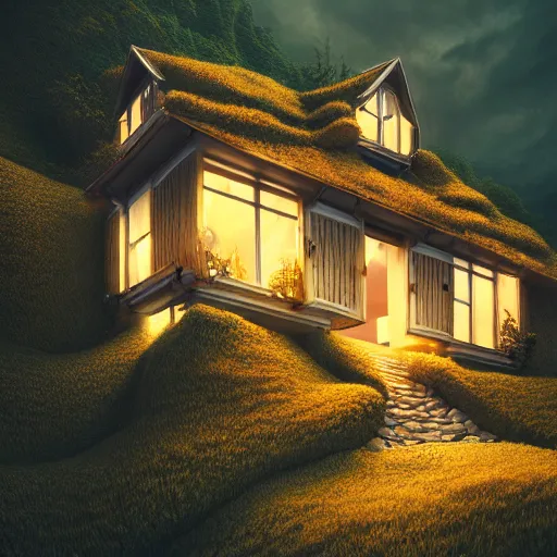 Image similar to small hillside house made of honey and milk, modern lighting, hyper - realistic, hyper - detailed, 8 k, octane rendered, art nouveau, organic, flowing, impossible torsion, writhing, dusk, lush, dynamic, in the style of ross tran