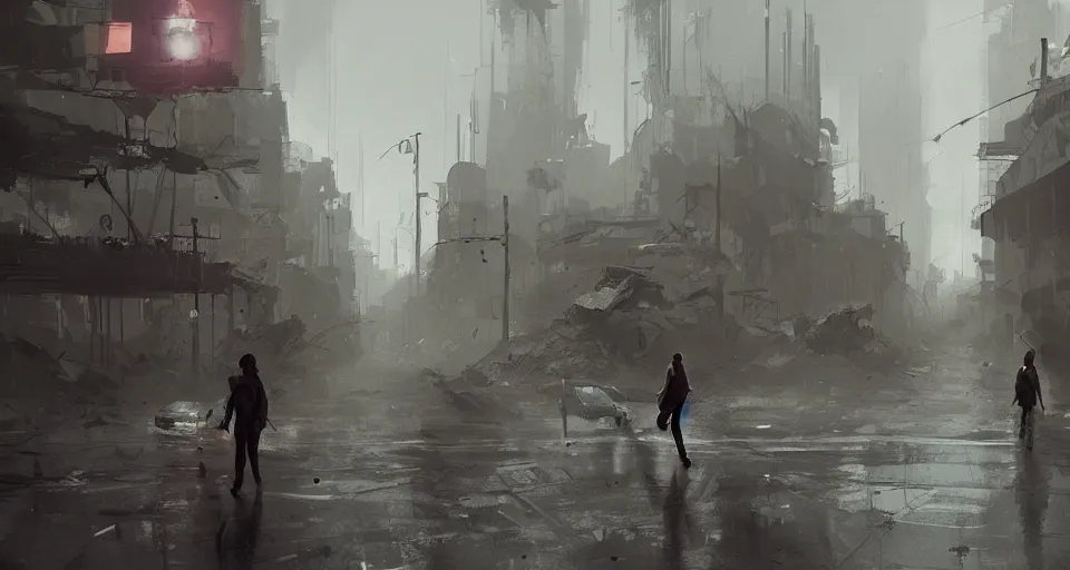 Prompt: a couple of people walking through a dirty city, a detailed matte painting by Ismail Inceoglu, cgsociety contest winner, remodernism, matte painting, apocalypse landscape, concept art