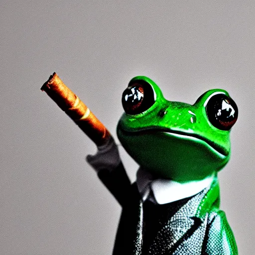 Image similar to a high detail closeup photograph of a 🐸 wearing a suit 👔,and smoking a cigarrette🚬, award wining photograph