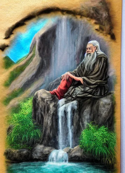 Image similar to old wise wizard sitting next to waterfall in the mountains, trending on deviantart, lord of the rings, detailed, colorful