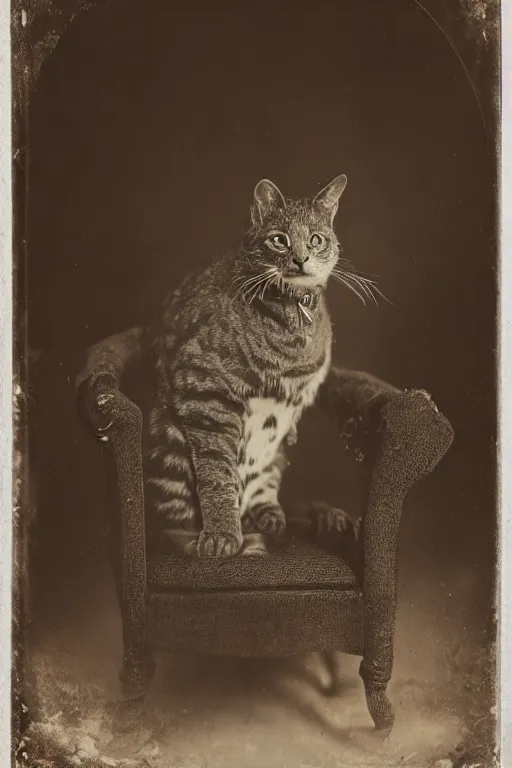 Prompt: a wet plate photo of an anthropomorphic cat king