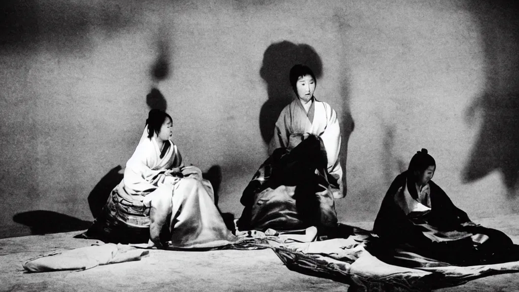 Image similar to shadow of a monstrous starfish is seen behind a woman in hanbok sitting on a couch, traditional korean interior, in. rashomon a kaiju - eiga monster movie by akira kurosawa and ishiro honda