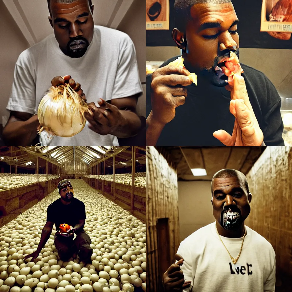 Prompt: Kanye West biting into an onion inside a spacious room filled to the ceiling with onions. In his free hand he holds a sign that reads I love onions!, candid photo taken with an iPhone camera