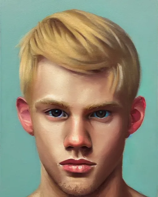 Prompt: little awkward cute blond man who is awkward and is also awkward, masculine features, cute face, thin, strong jawline, very detailed oil painting, oil on canvas