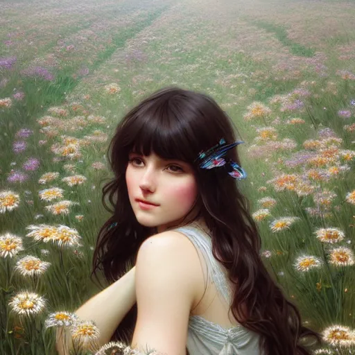 Prompt: a beautiful girl with dark hair and bangs, sitting in a field of flowers, fantasy, intricate, elegant, highly detailed, digital painting, artstation, concept art, matte, sharp focus, illustration, art by Artgerm and Greg Rutkowski and Alphonse Mucha