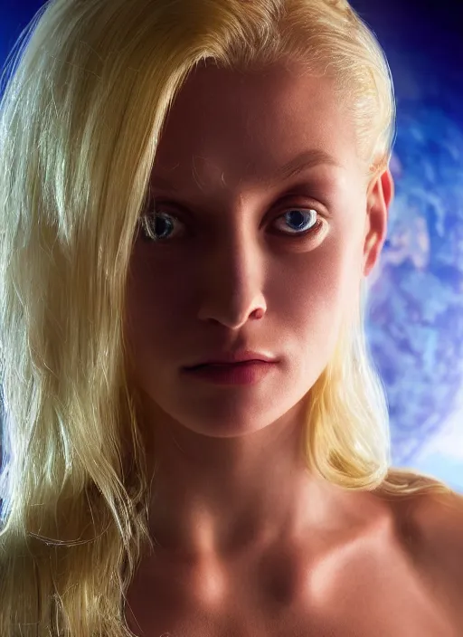 Image similar to closeup portrait of a blonde alien plejaren woman inside a spaceship wearing a space uniform, depth of field, zeiss lens, detailed, symmetrical, centered, fashion photoshoot, by annie leibovitz and steve mccurry, david lazar, jimmy nelsson, breathtaking, 8 k resolution, extremely detailed, beautiful, establishing shot, artistic, hyperrealistic, beautiful face, octane render