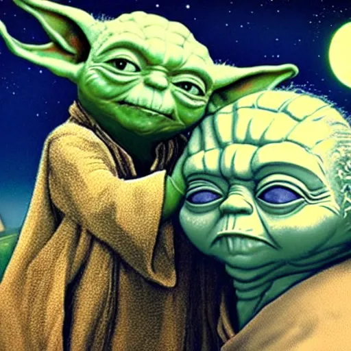 Prompt: yoda and obama kissing under the night sky