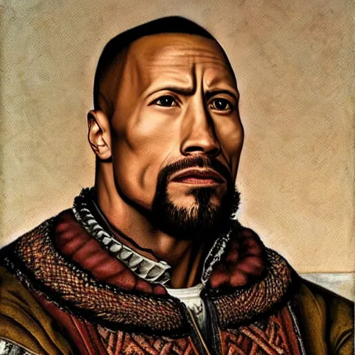 Prompt: a highly detailed portrait of dwayne johnson, wearing elegant tudor clothes, inside a room with thick red tapestries, oil painting by hans holbein and alessandro allori and richard burbage