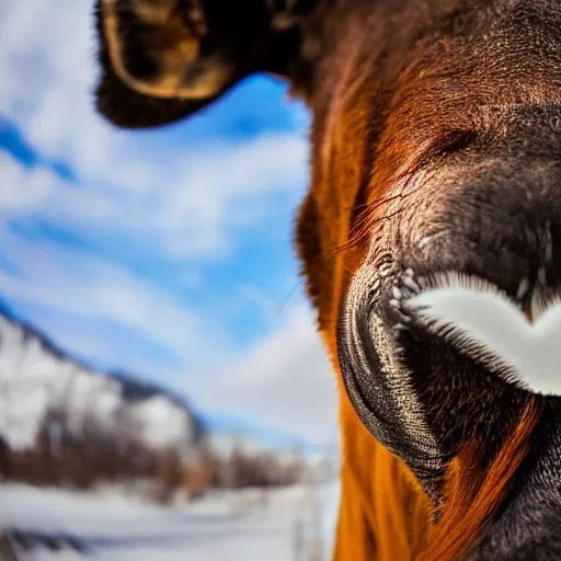 Image similar to close - up fisheye photo of a moose sniffing the camera