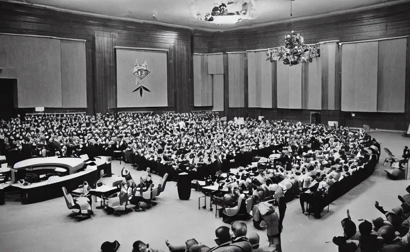 Image similar to 60s movie still of a CCCP congress with soviet flags and many soviet general stanilist style palace interior, by Irving Penn , cinestill 800t 35mm black and white, heavy grainy picture, very detailed, high quality, 4k, HD criterion, precise texture