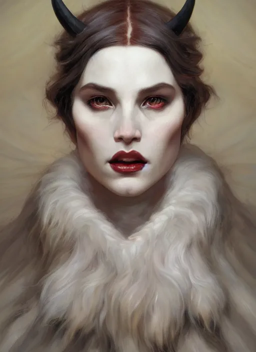 Prompt: demon white horns, elegant, wearing a hair coat, hyper realistic, extremely detailed, dnd character art portrait, fantasy art,, dramatic lighting, vivid colors, artstation, by edgar maxence and caravaggio and michael whelan and delacroix, lois van baarle and bouguereau