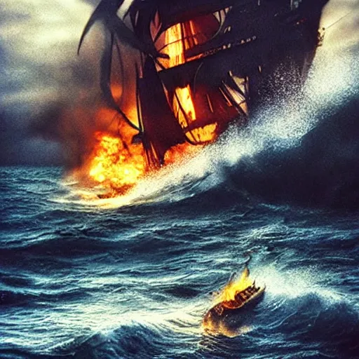 Image similar to pirate, ship, fire, ocean, cinematic, artistic, trending, epic, wind, wild, beautiful, tragedy, tragic, movie