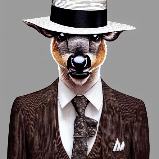 Image similar to a upper body portrait of a deer in a pinstriped suit and pants wearing a fedora with the antlers sticking out of the fedora by artgerm and wlop, intricate detail, digital art, photorealistic, trending on artstation